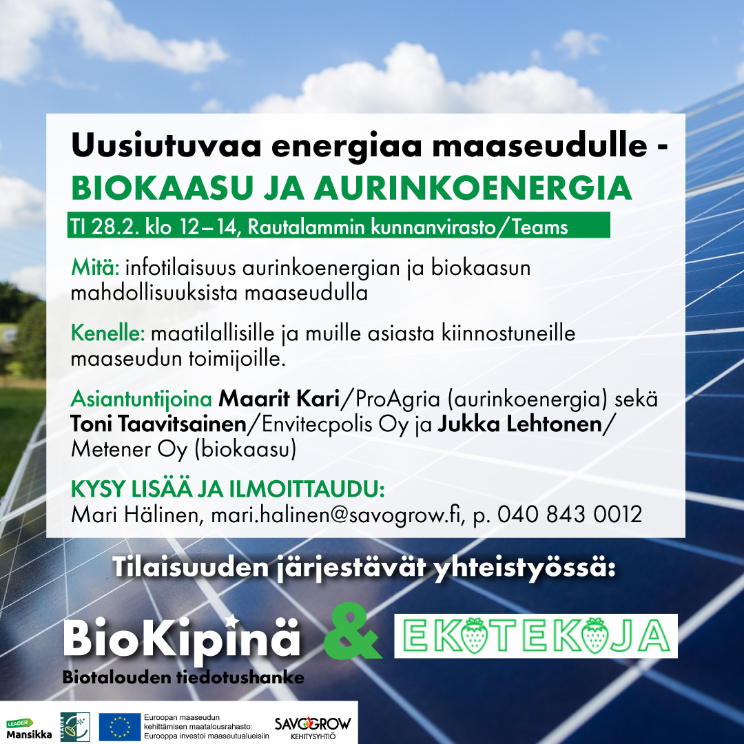 Read more about the article Uusiutuvaa energiaa maaseudulle – Biokaasu ja aurinkoenergia