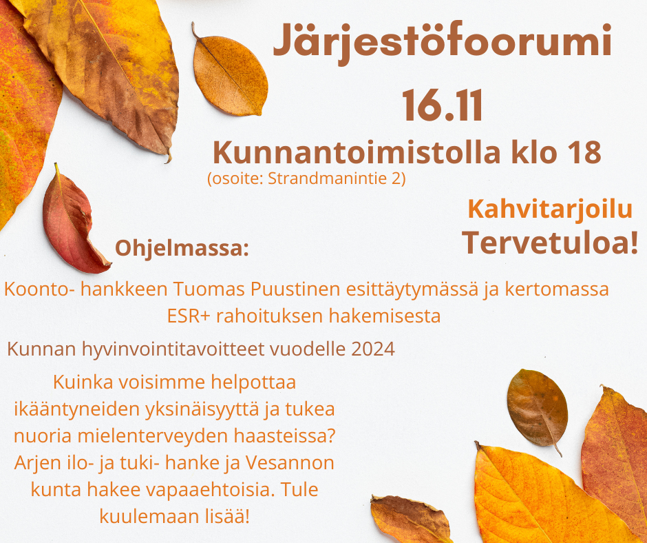 Read more about the article Järjestöfoorumi 16.11 klo 18 kunnantoimistolla
