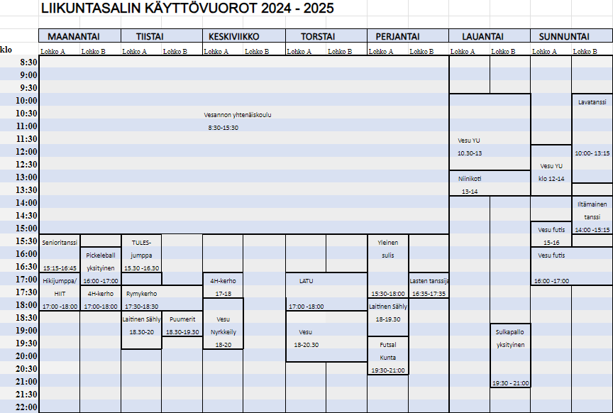 Kuntosalin käyttöaikataulu vuosina 2024–2025, eri toiminnoista ja niiden kellonajat maanantaista sunnuntaihin. Aktiviteetteja ovat lentopallo, seniorikunto, jooga, futsal, tanssi ja paljon muuta, ja niitä järjestetään koko viikon ajan varhaisesta aamusta myöhäiseen iltaan.