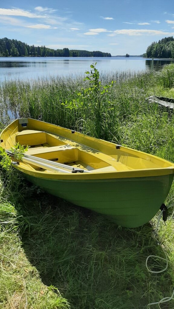 Pieni vihreä ja keltainen soutuvene lepää ruohorannalla korkeiden ruokojen vieressä taustalla järvi. Taivas on selkeä, muutama hajapilvi, ja horisontissa on puita. Vesi on tyyni, heijastaen taivaan sinistä.