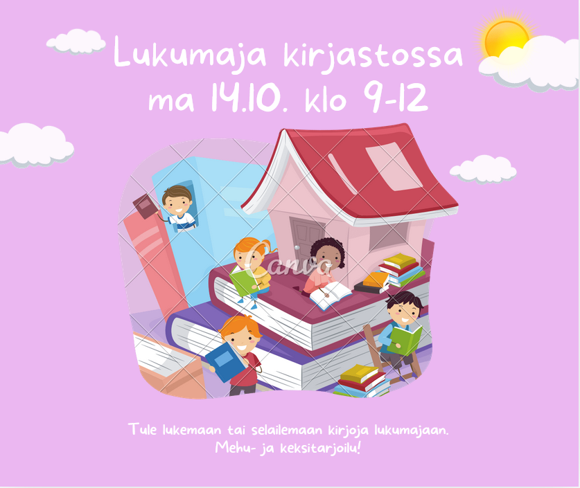 Kuva lapsista, jotka lukevat jättimäisen kirjapinon päällä ja ympärillä talonmuotoisen kirjan päällä. Suomenkielinen teksti kutsuu lukutapahtumaan kirjastoon 14.10. klo 9-12. Taustalla on violetti taivas pilvineen ja aurinkoineen.