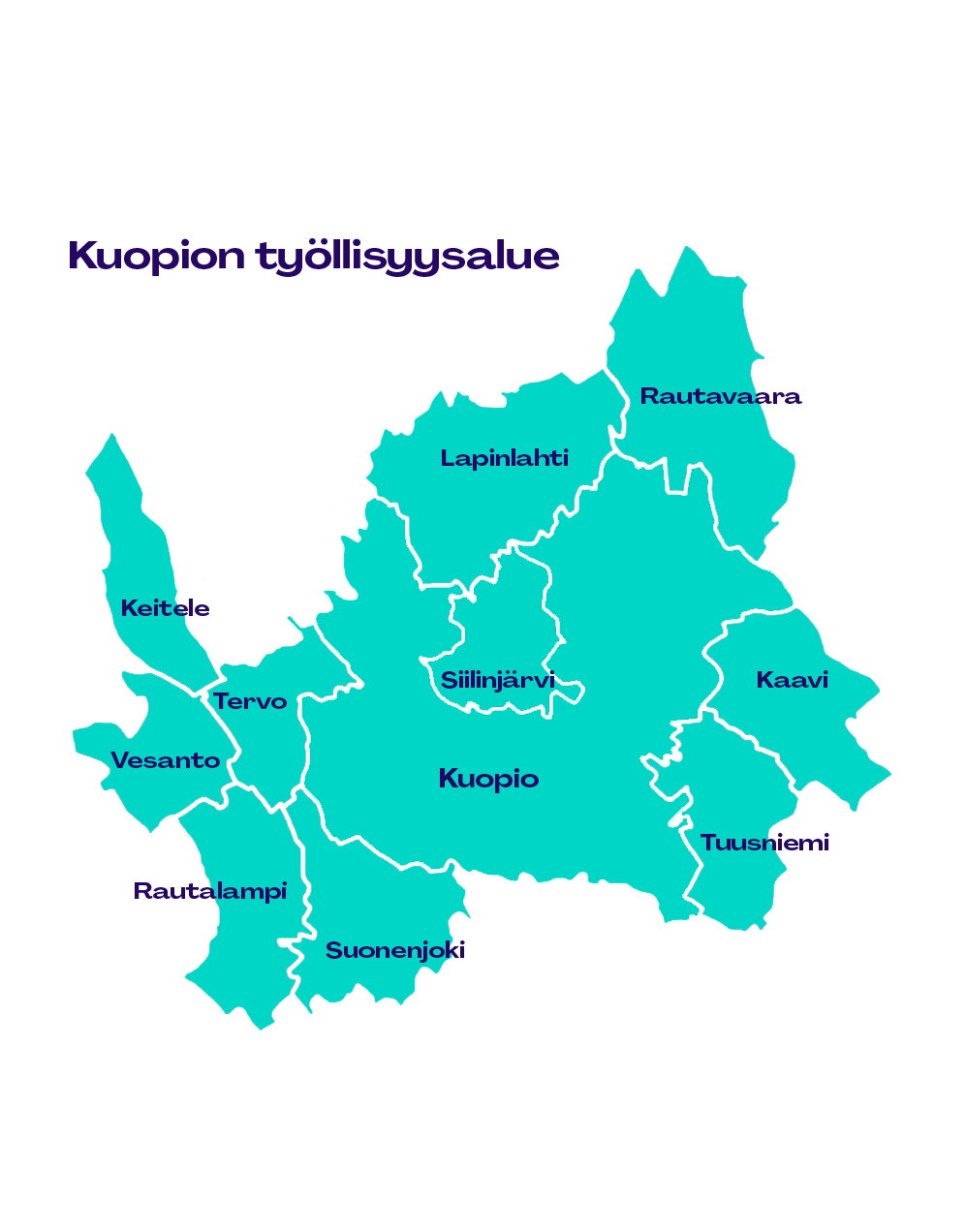 Kartta, joka esittelee Kuopion työllisyysalueen eri alueita Suomessa, mukaan lukien Keitele, Tervo, Vesanto, Pielavesi, Maaninka, Lapinlahti, Siilinjärvi, Rautavaara, Kaavi, Tuusniemi ja Suonenjoki. Kuopio sijaitsee keskeisellä paikalla.