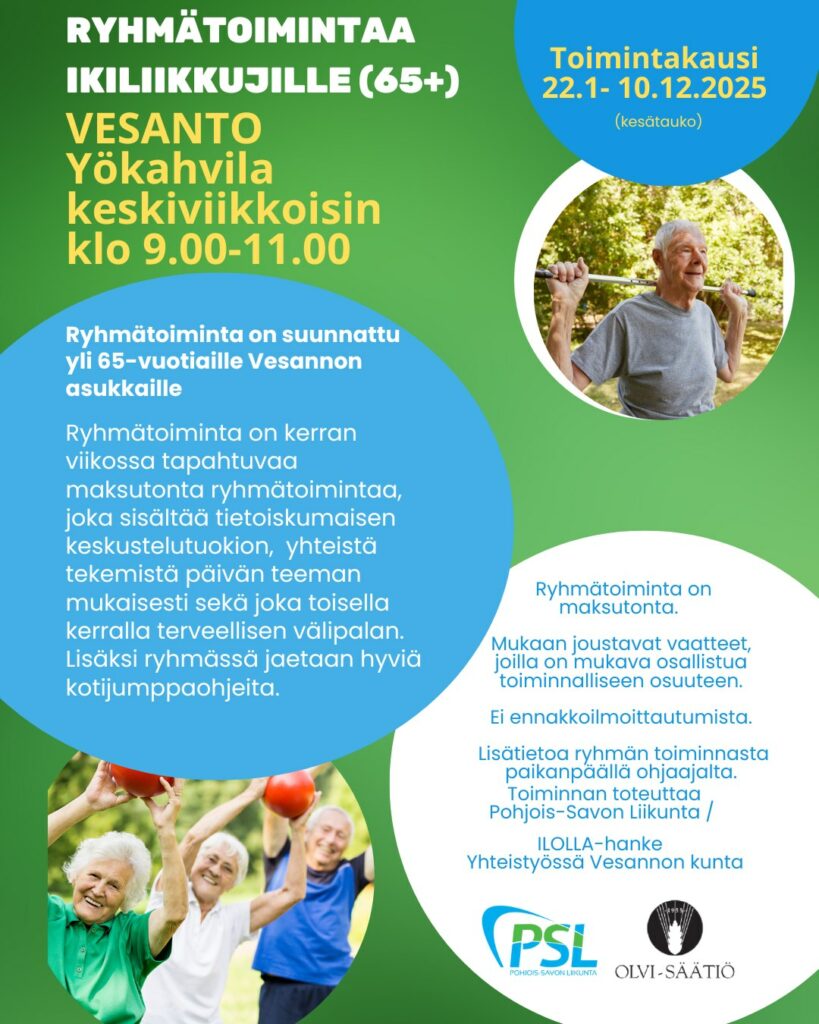 Flyer Vesanto Yökahvila, ilmainen viikoittainen tapahtuma yli 65-vuotiaille senioreille keskiviikkoisin klo 9-11. Se sisältää keskusteluja, toimintaa ja kevyen aterian. Järjestäjänä PSL yhteistyössä Olvi-säätiön ja Vesannon kunnan kanssa.